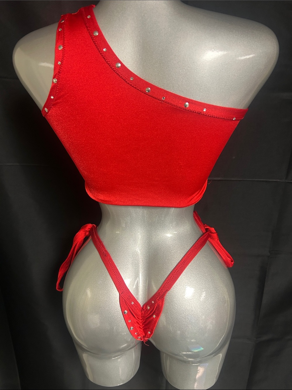 Red One-Shoulder Rhinestone Bikini Set - Picture 2 of 2